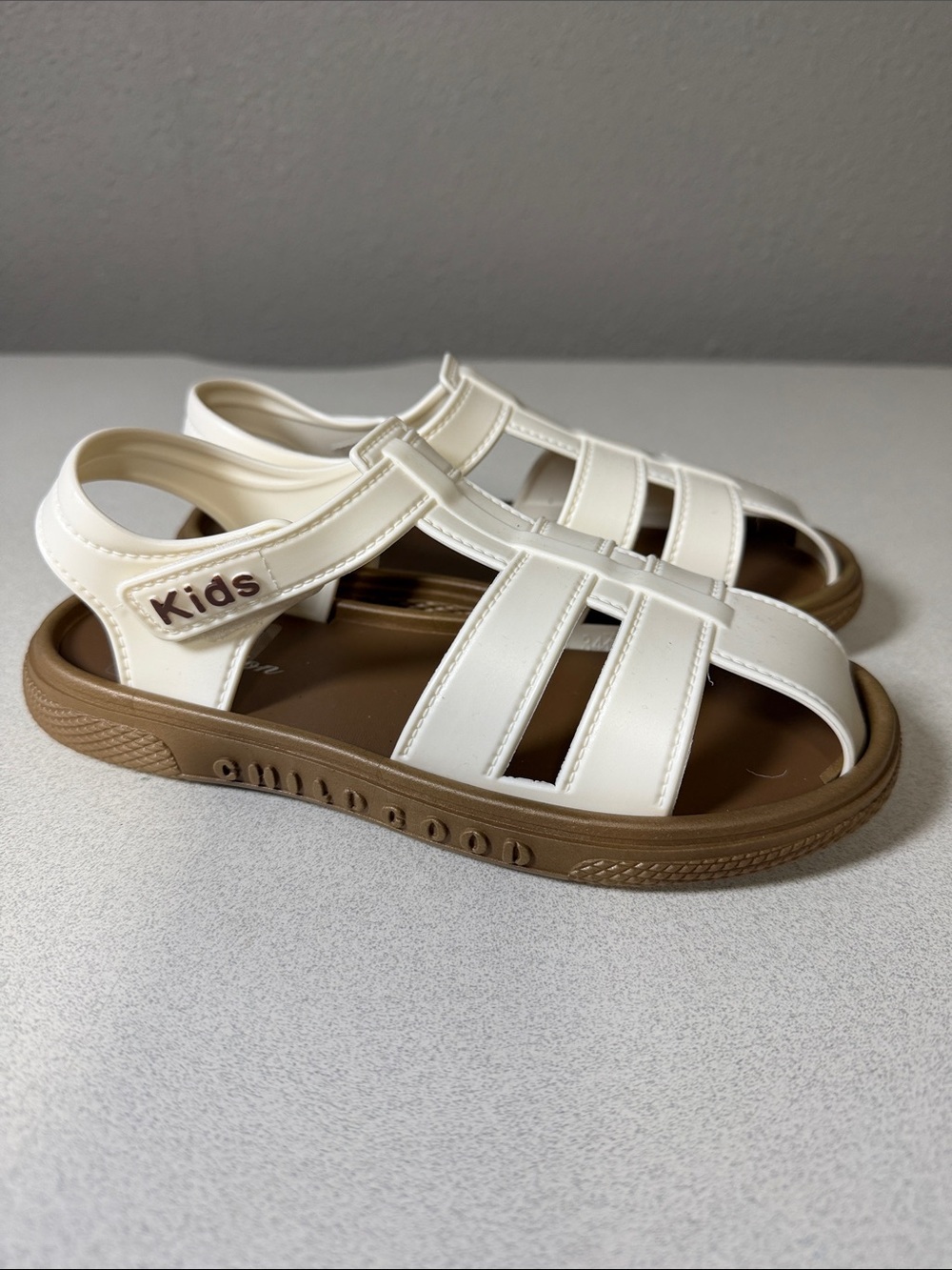 Kids Cream Closed-Toe Sandals with Brown Sole - Secure Hook & Loop